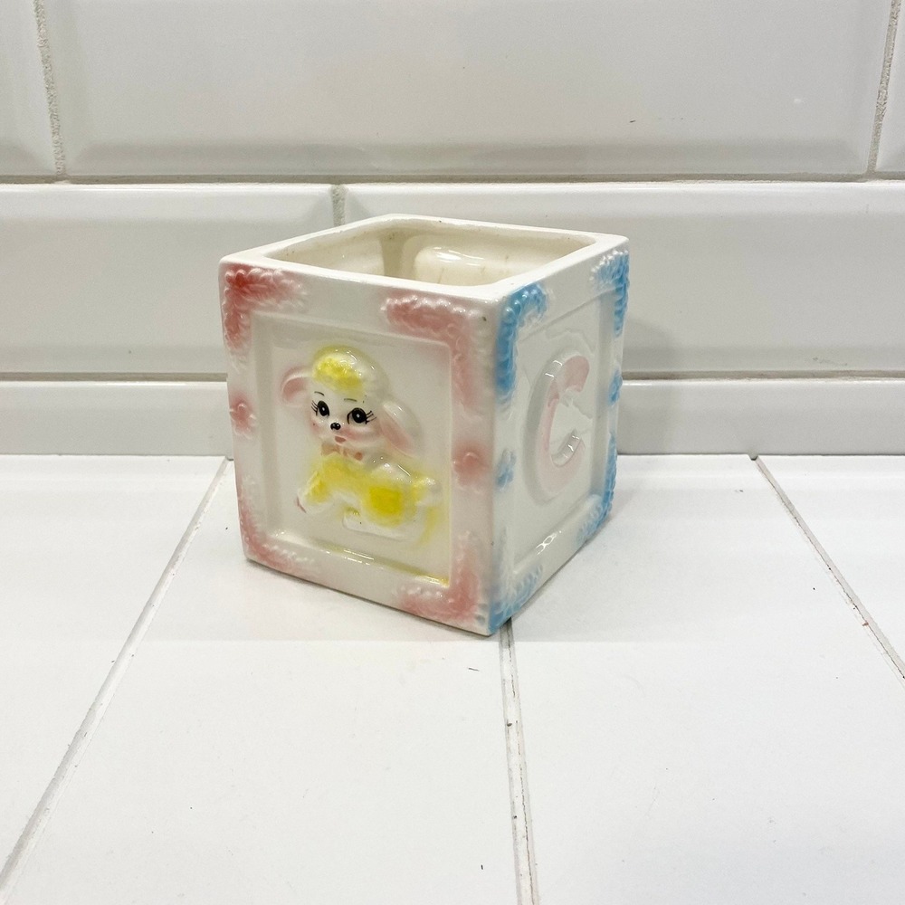 Vintage Lamb Nursery Planter, Mid-Century Modern Ceramic Baby Block, Japan